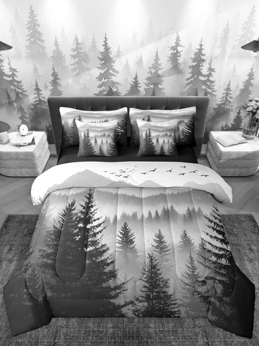 7 Piece Black Grey Queen Comforter Set with Sheets Smoky Mountain Forest Bed in